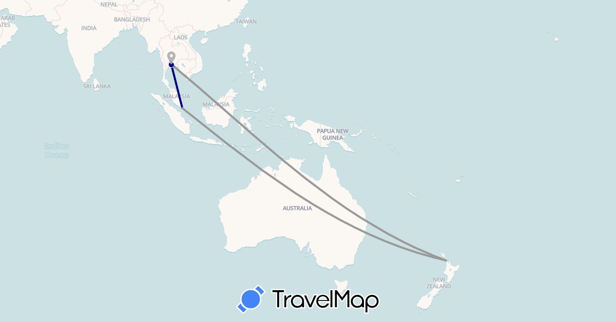 TravelMap itinerary: driving, plane in New Zealand, Singapore, Thailand (Asia, Oceania)